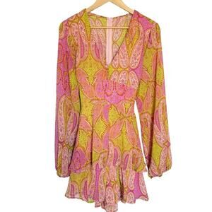 AMISU Paisley Mini Dress Romper Womens S Pink Yellow Boho